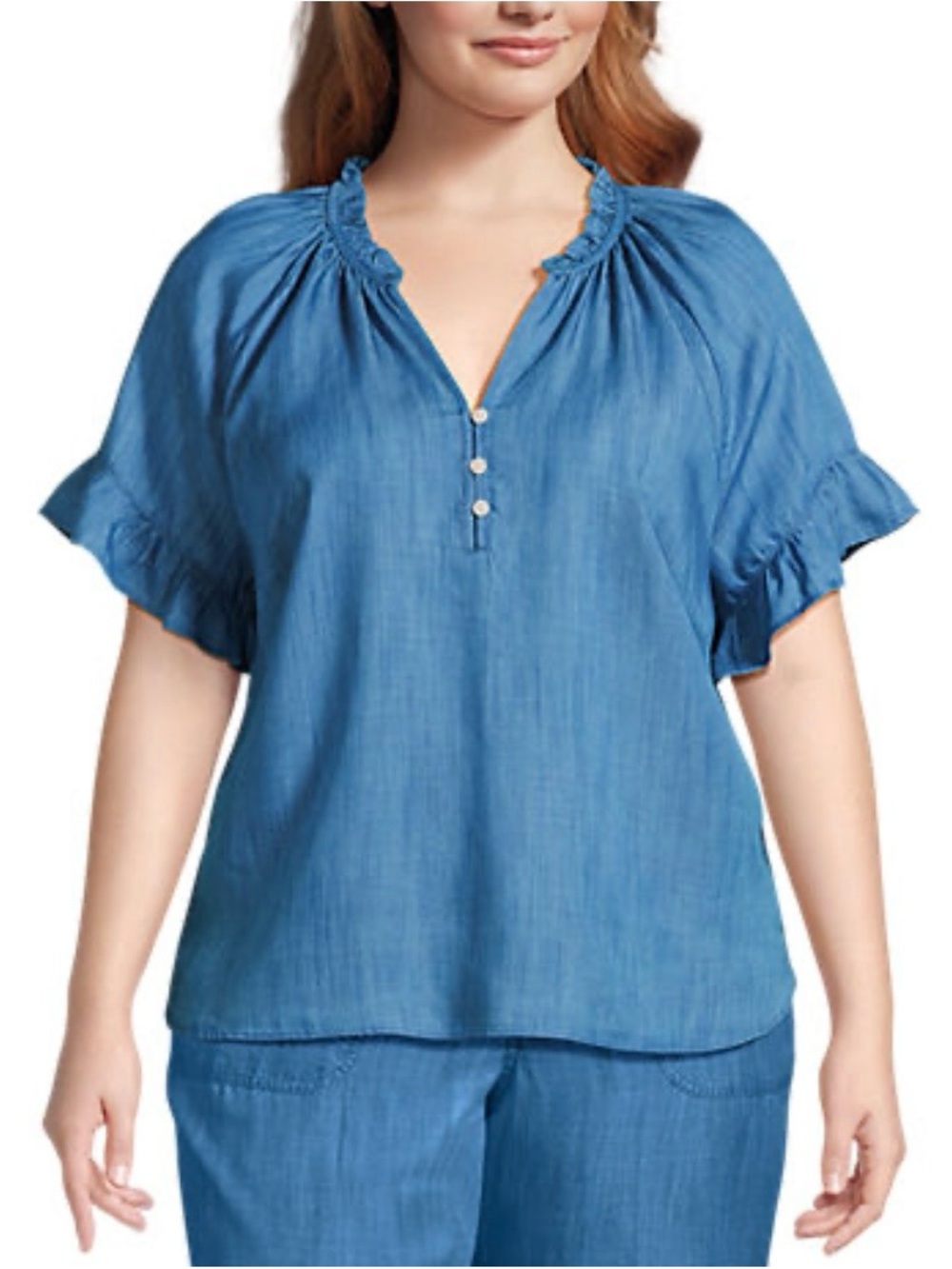 Lands End Tencel Short Sleeve Ruffle Blouse Top Chambray Blue Plus Size 2X